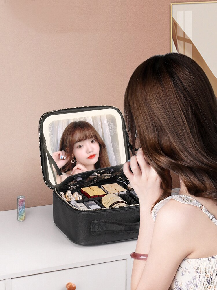 Bolsa Portátil de Maquiagem com Espelho